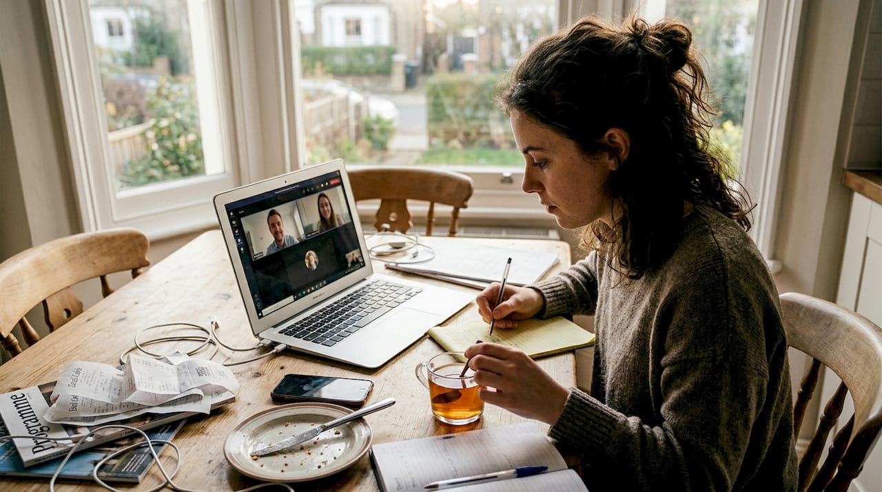 Remote worker in kitchen on video meeting