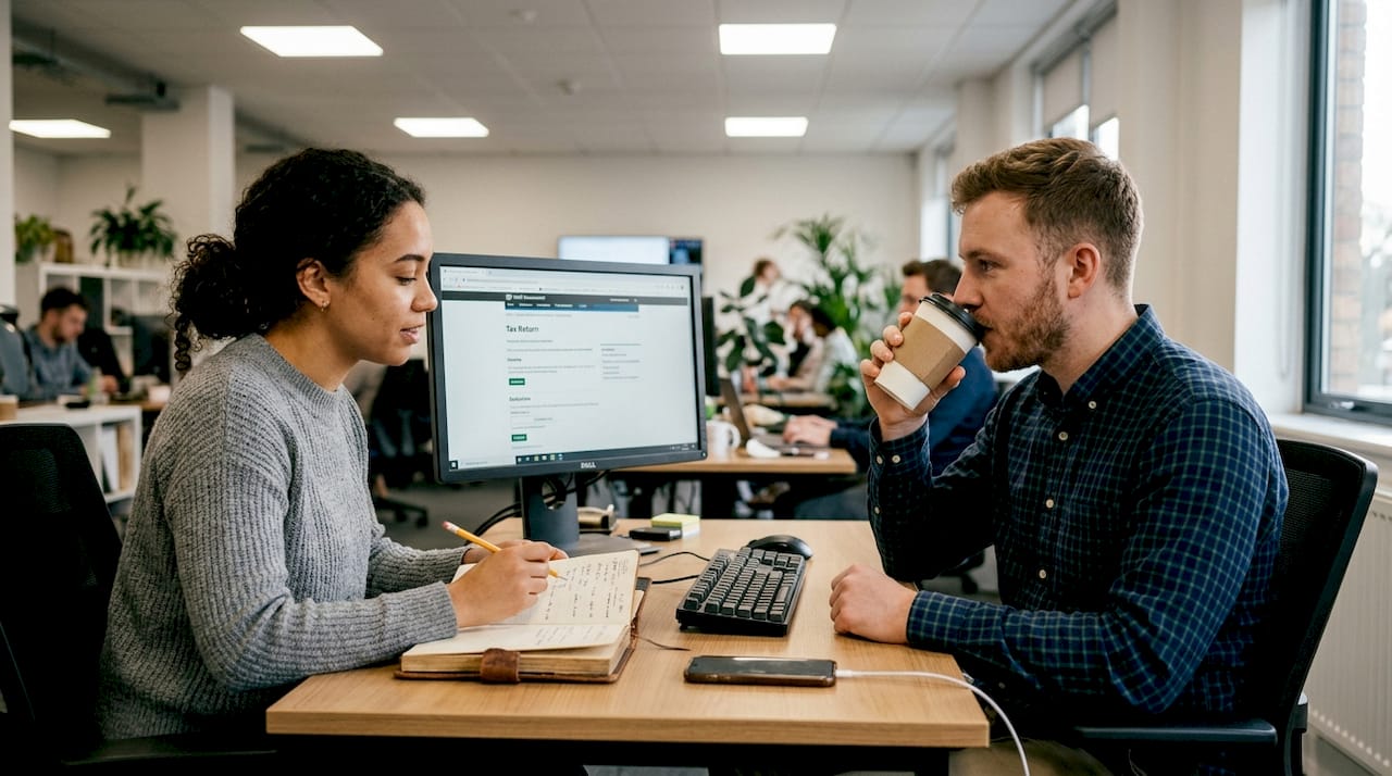 Two professionals working at desk with tax forms