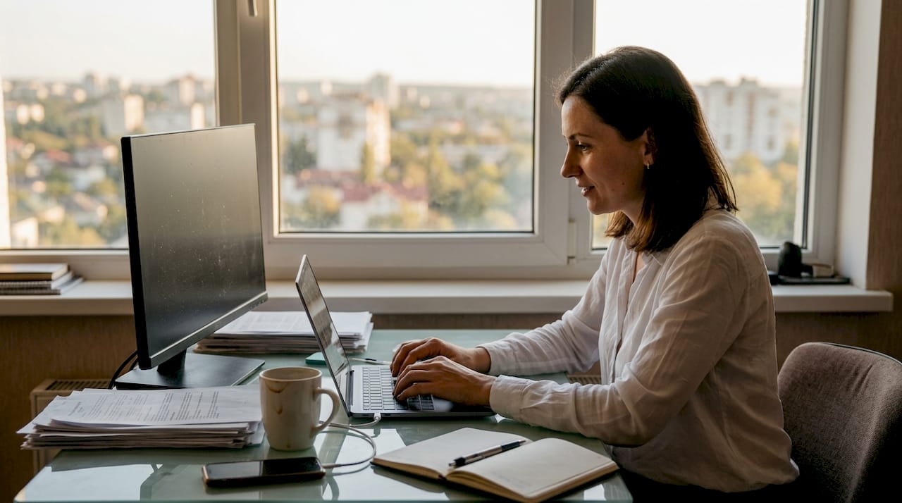 Businesswoman working at laptop with Moldova view