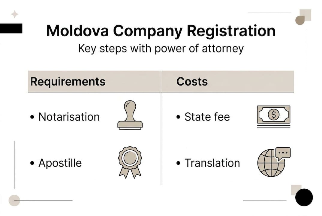 Infographic on Moldova company registration steps and costs