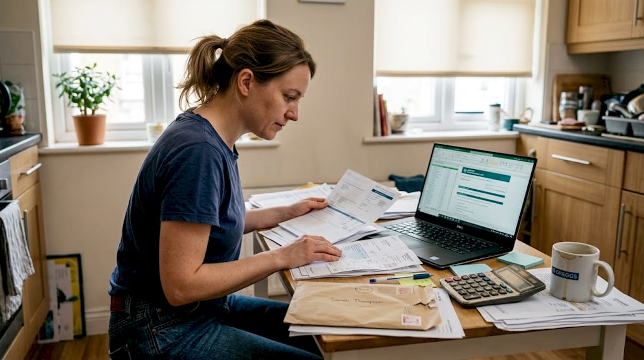 Woman managing monthly tax documents at table