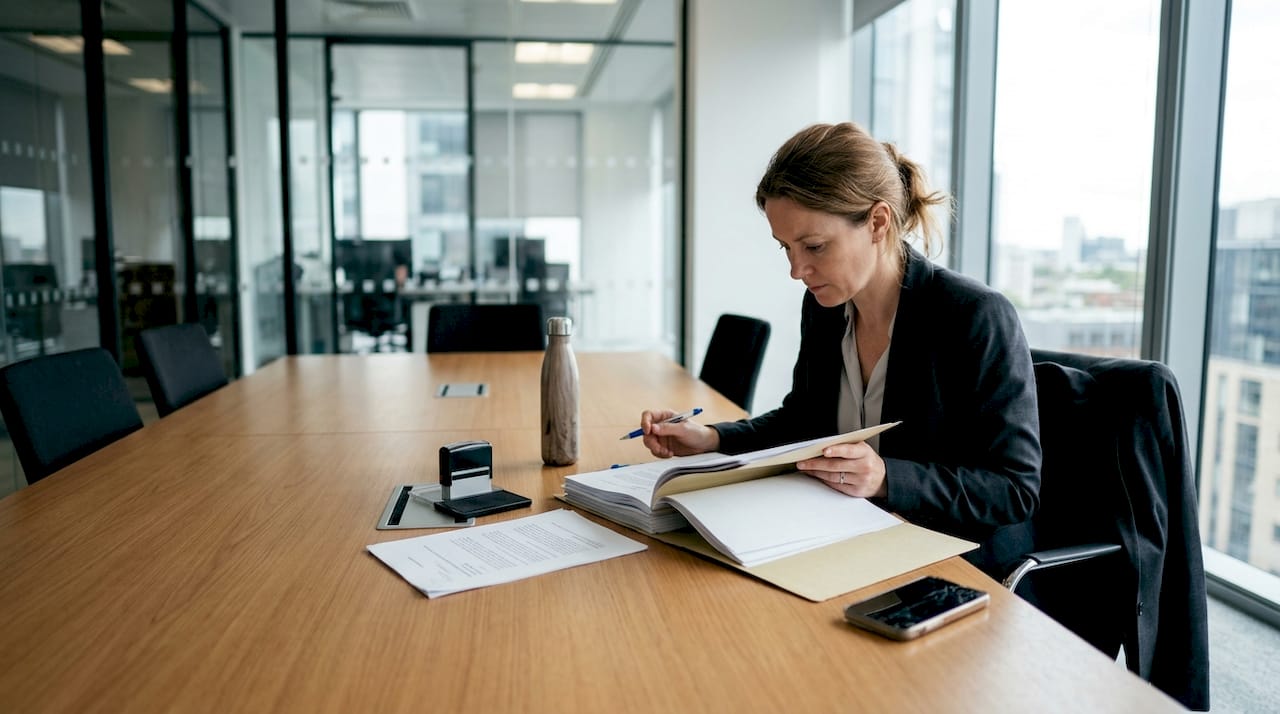 Woman reading legal documents in bright office