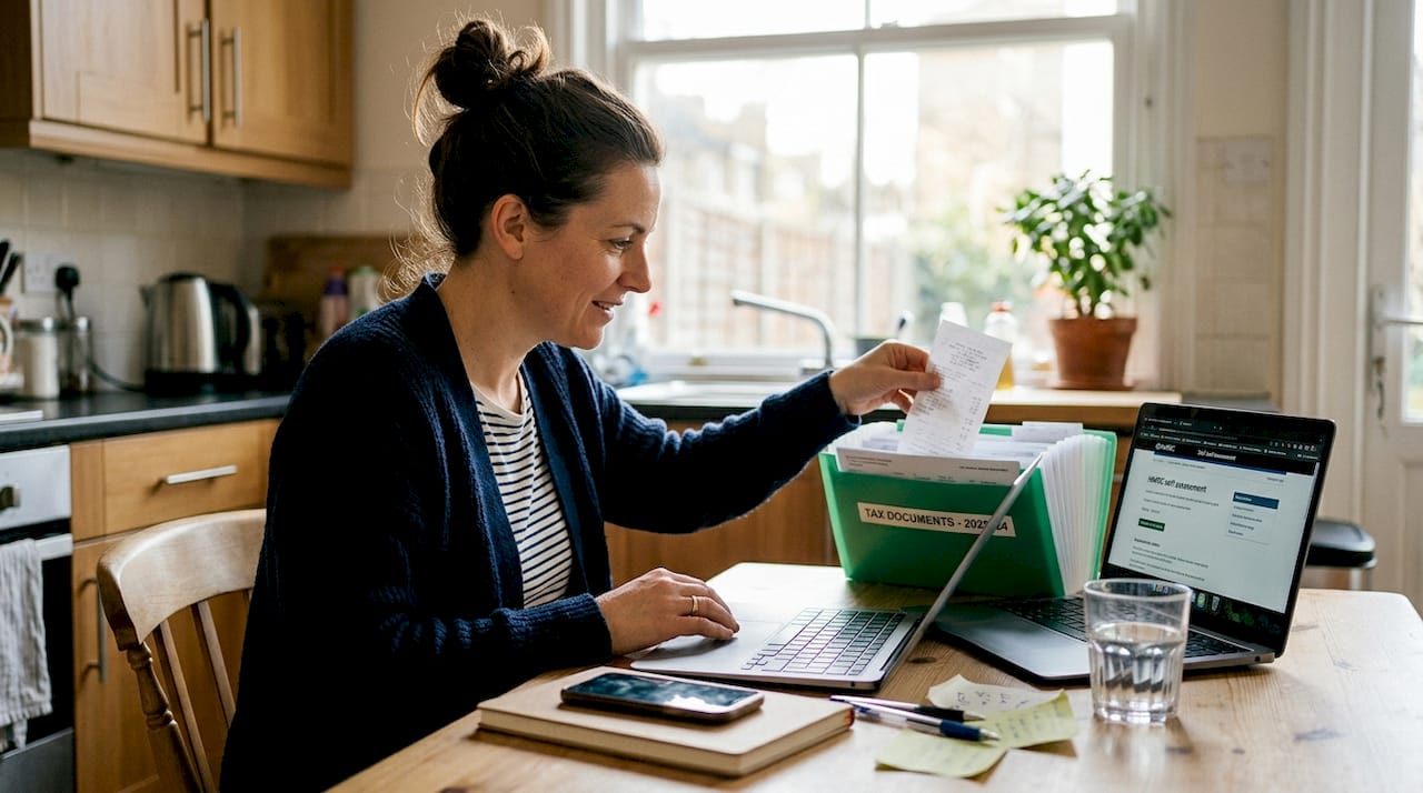 Woman organizing tax forms at kitchen table