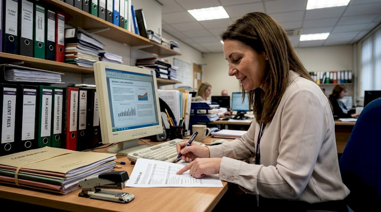 Bank officer conducting company due diligence review