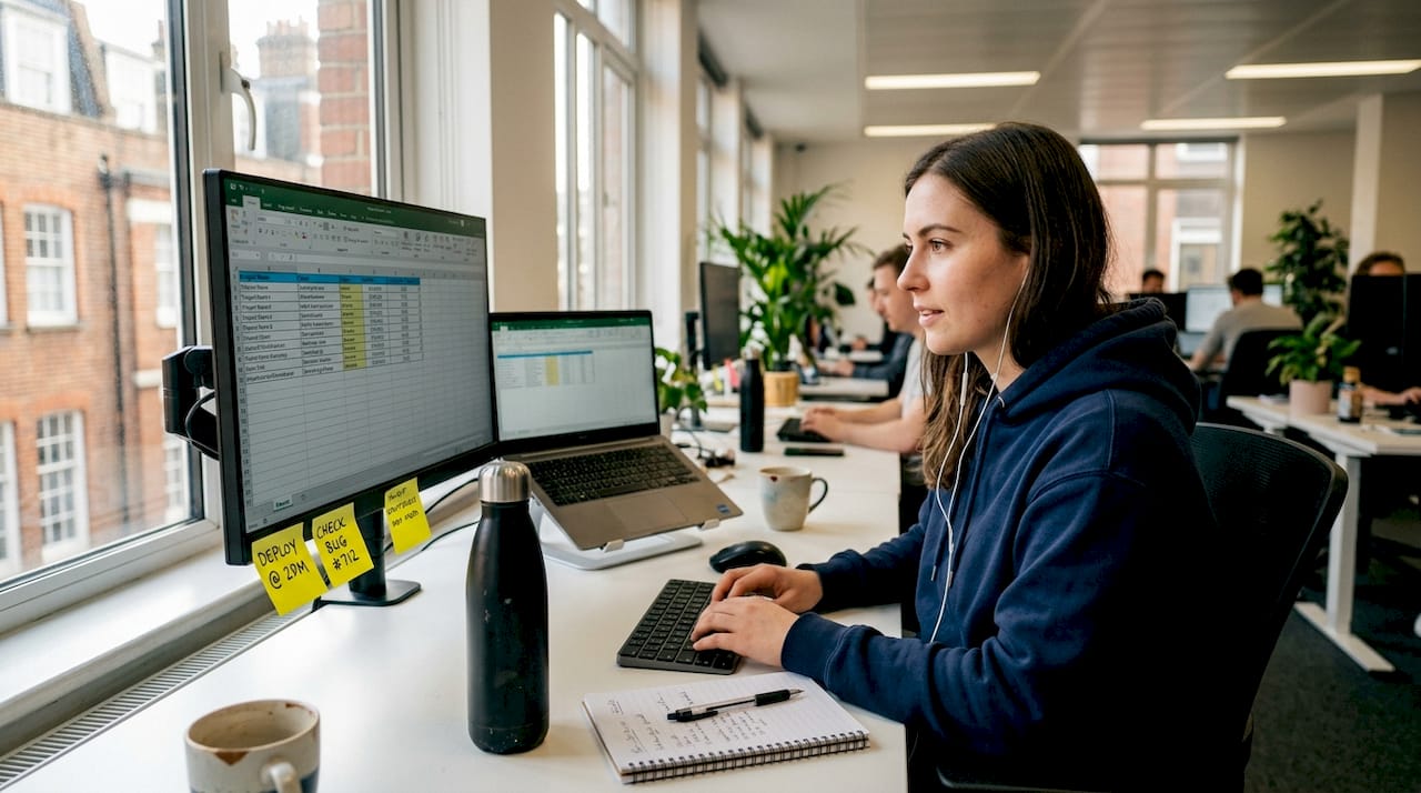 Software developer in Moldovan IT office workspace