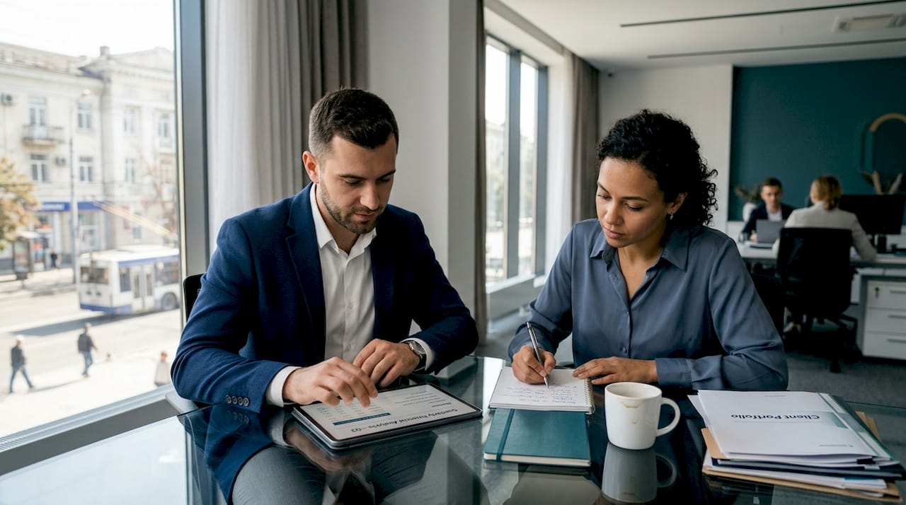 Colleagues discuss business strategy at office table