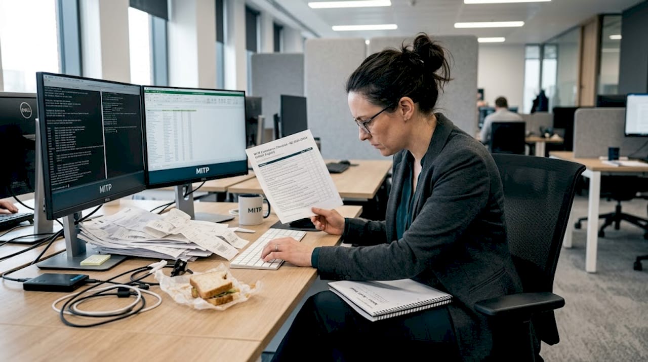 IT specialist managing compliance documents at desk