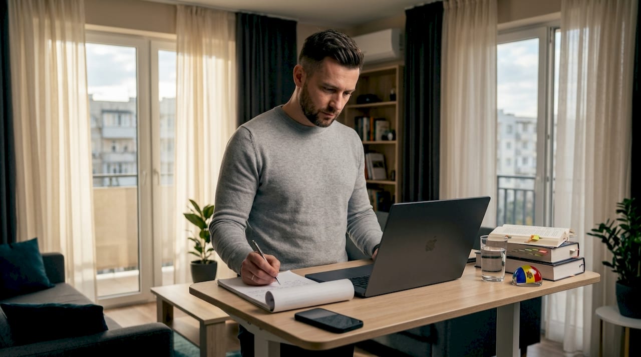 Entrepreneur reviewing documents in Moldova apartment