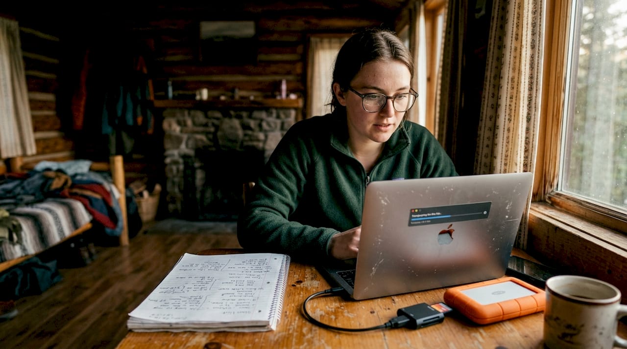 Photographer backing up outdoor photos in cabin
