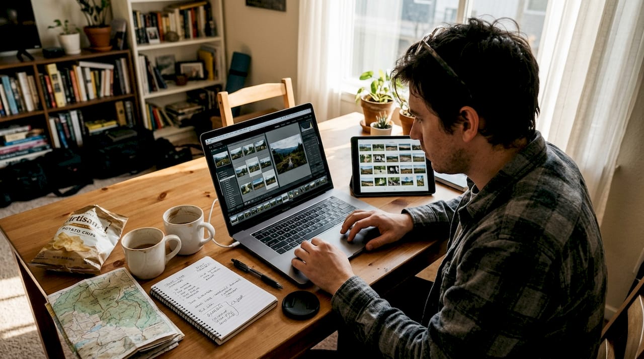Photographer editing outdoor brand images at home