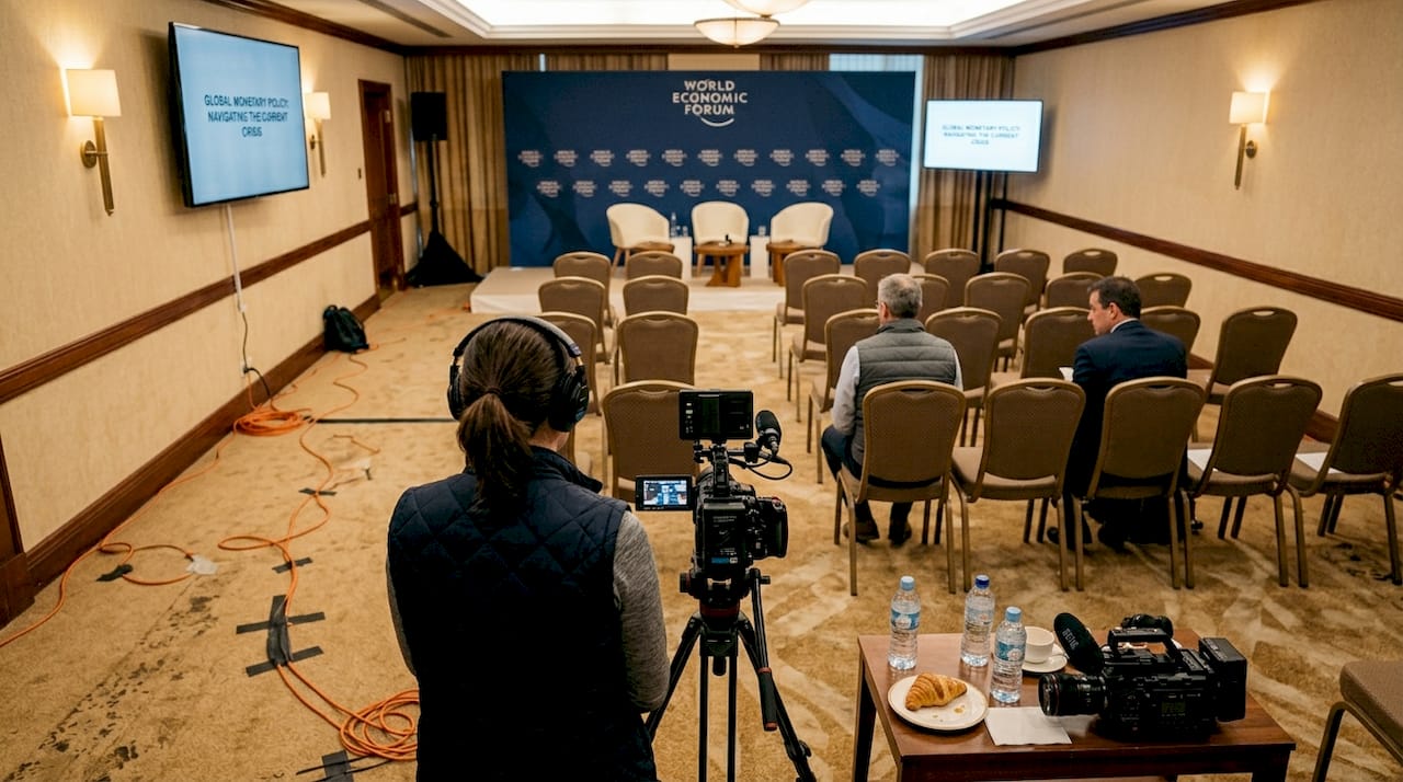 Camera operator prepping indoor conference shoot