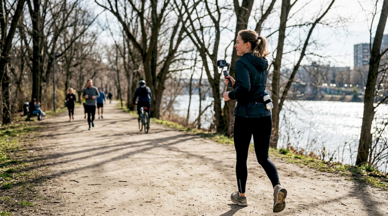 Jogger capturing stabilized video in city park