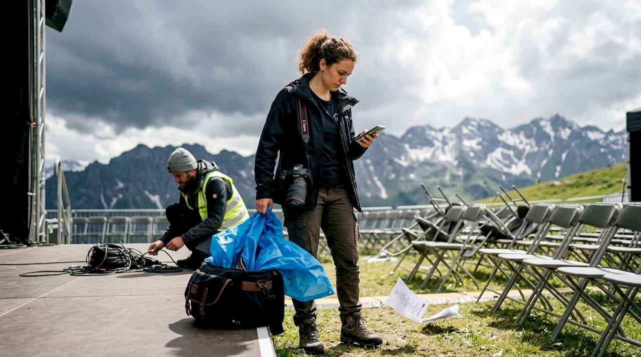 Photographer monitoring weather at outdoor concert