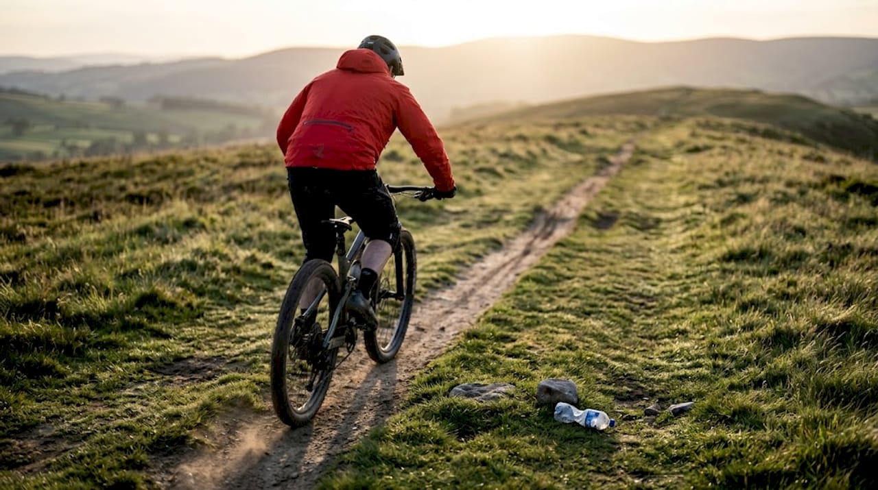 Mountain biker filmed at sunrise from behind