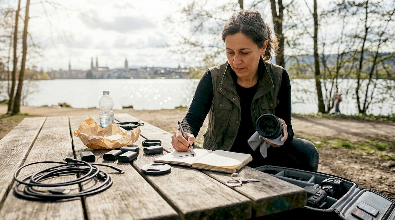 Photographer organizing gear at Zurich park table
