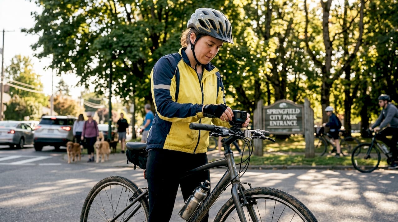 Cyclist setting up action camera outdoors