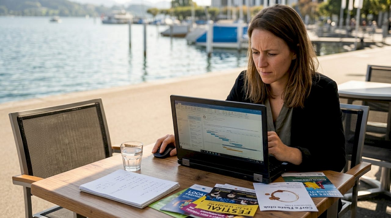 Event manager planning lakeside Lucerne event