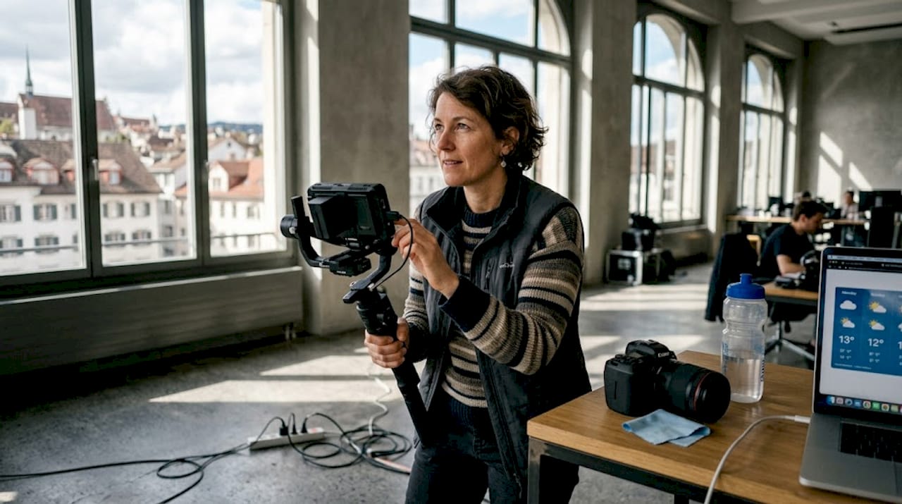 Videographer testing gear before Zurich event