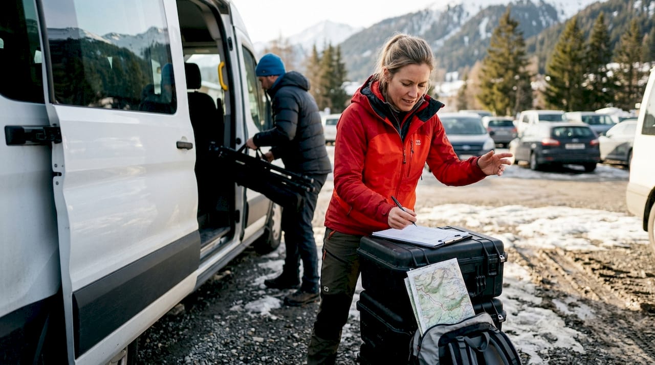 Outdoor media crew preparing gear in Davos