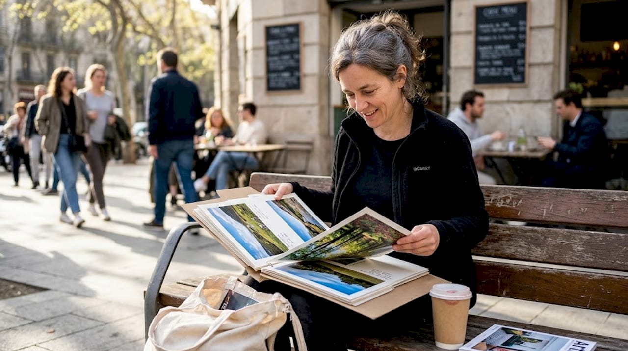 Director reviewing authentic outdoor photos at café