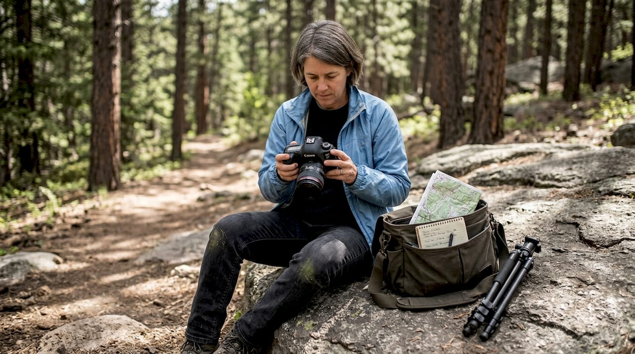 Photojournalist checking camera images beside trail