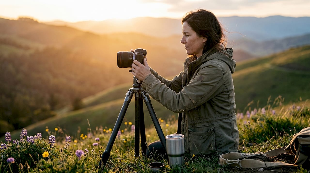 Woman photographing hills golden hour sunset
