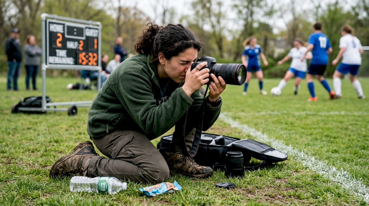 Photographer waiting for action at soccer match