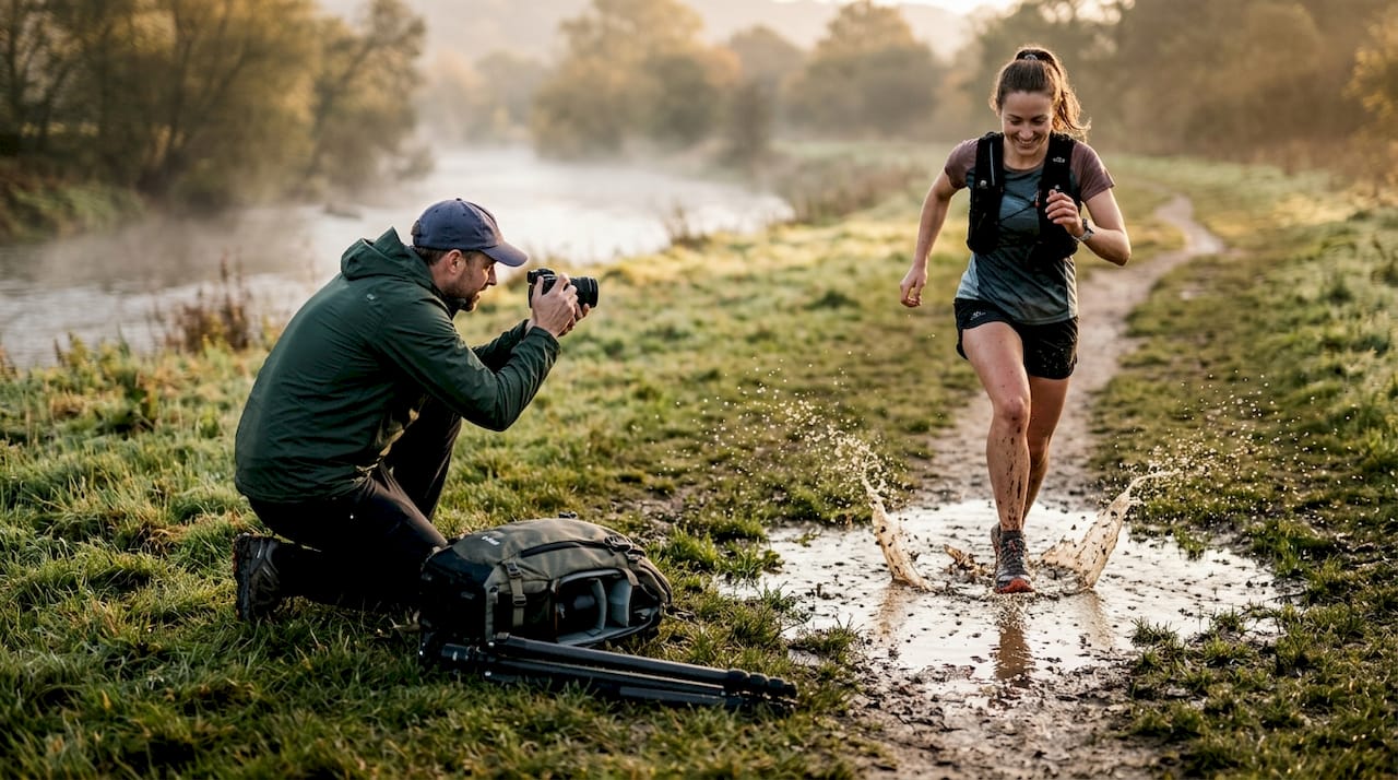 Photographer shooting from ground by riverside