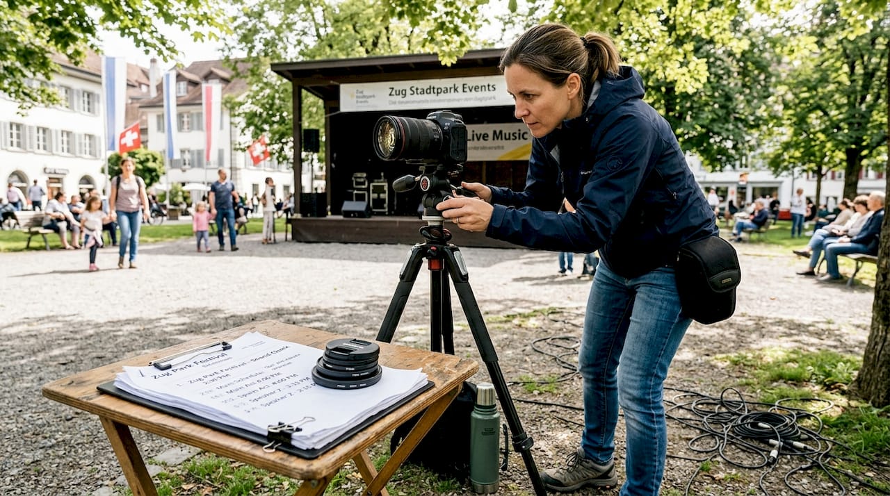 Photographer setting up camera tripod in Zug park