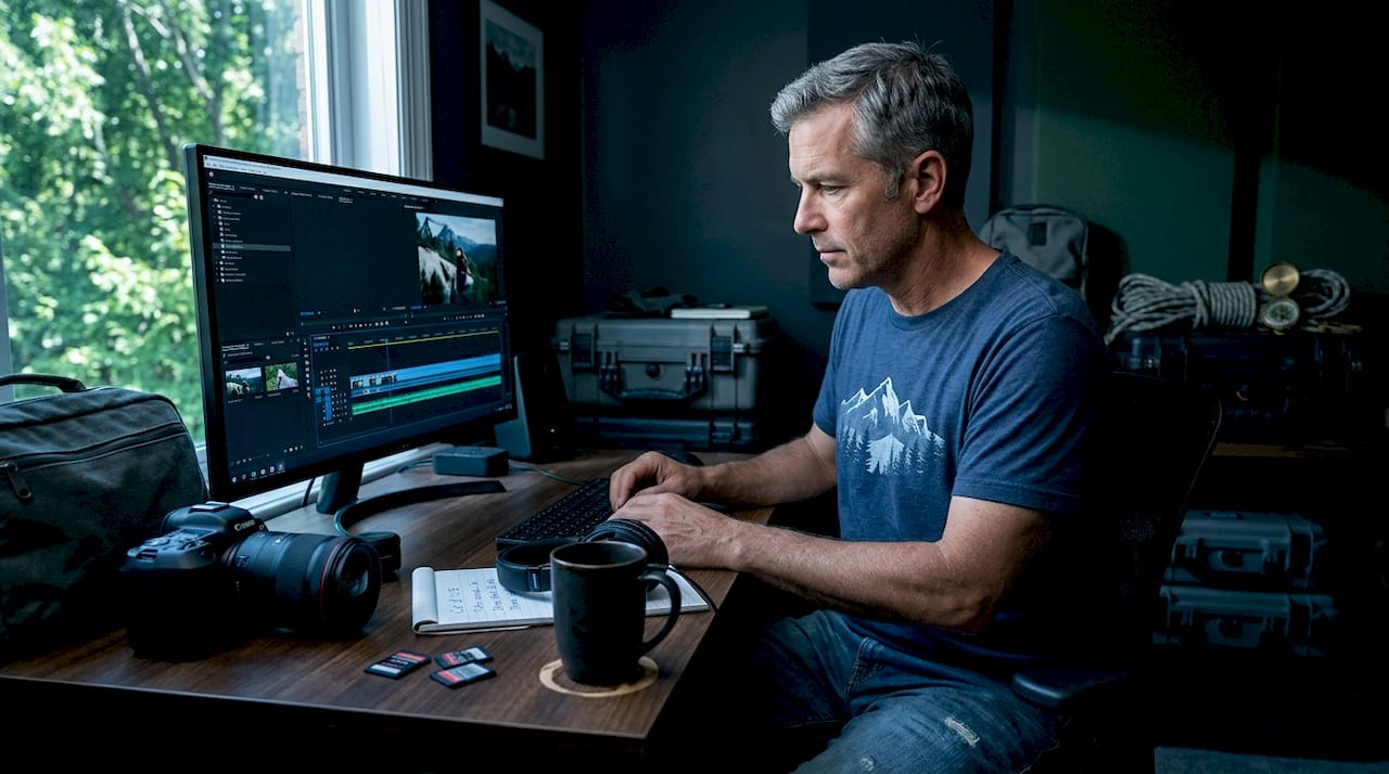 Video editor trimming outdoor brand footage