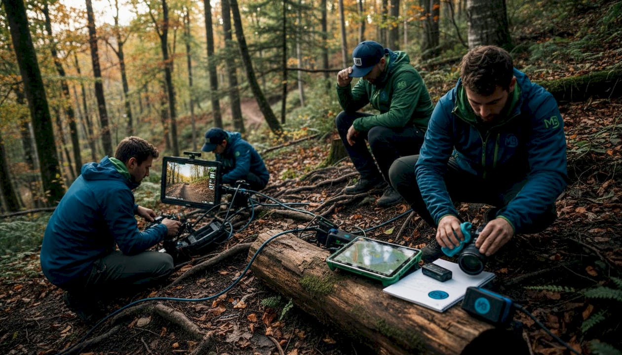 Outdoor crew filming with multiple cameras in forest