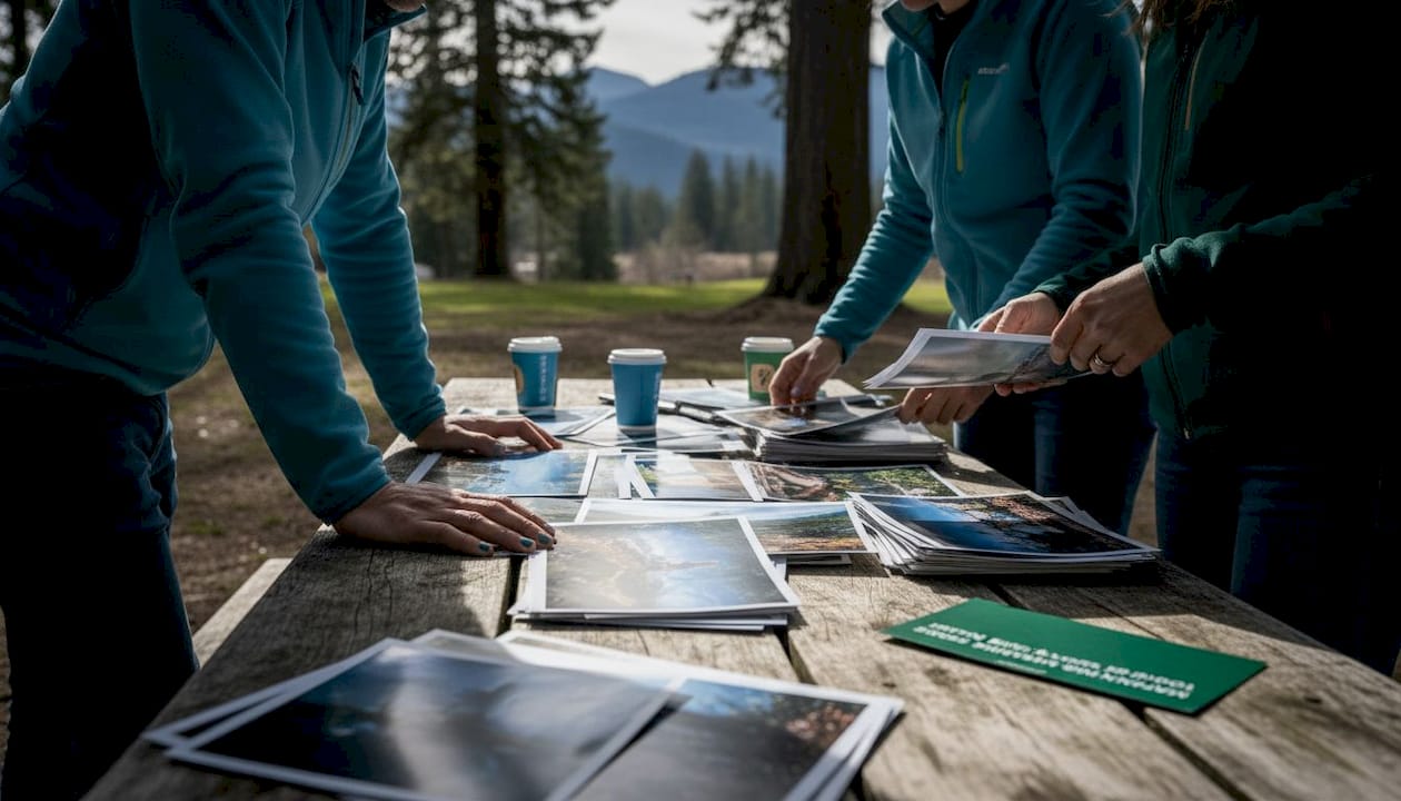 Team reviewing outdoor brand campaign photos