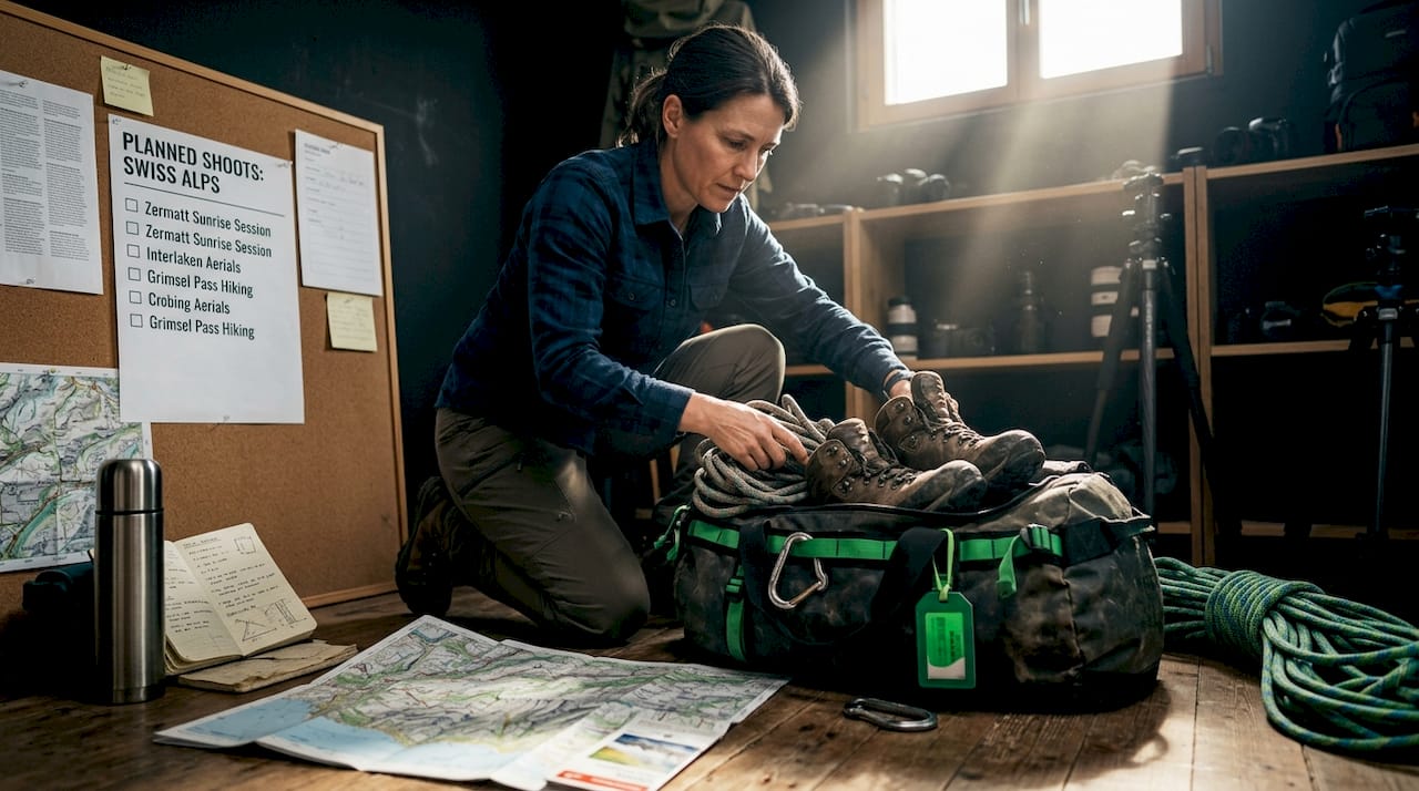 Adventure photographer organizing alpine gear