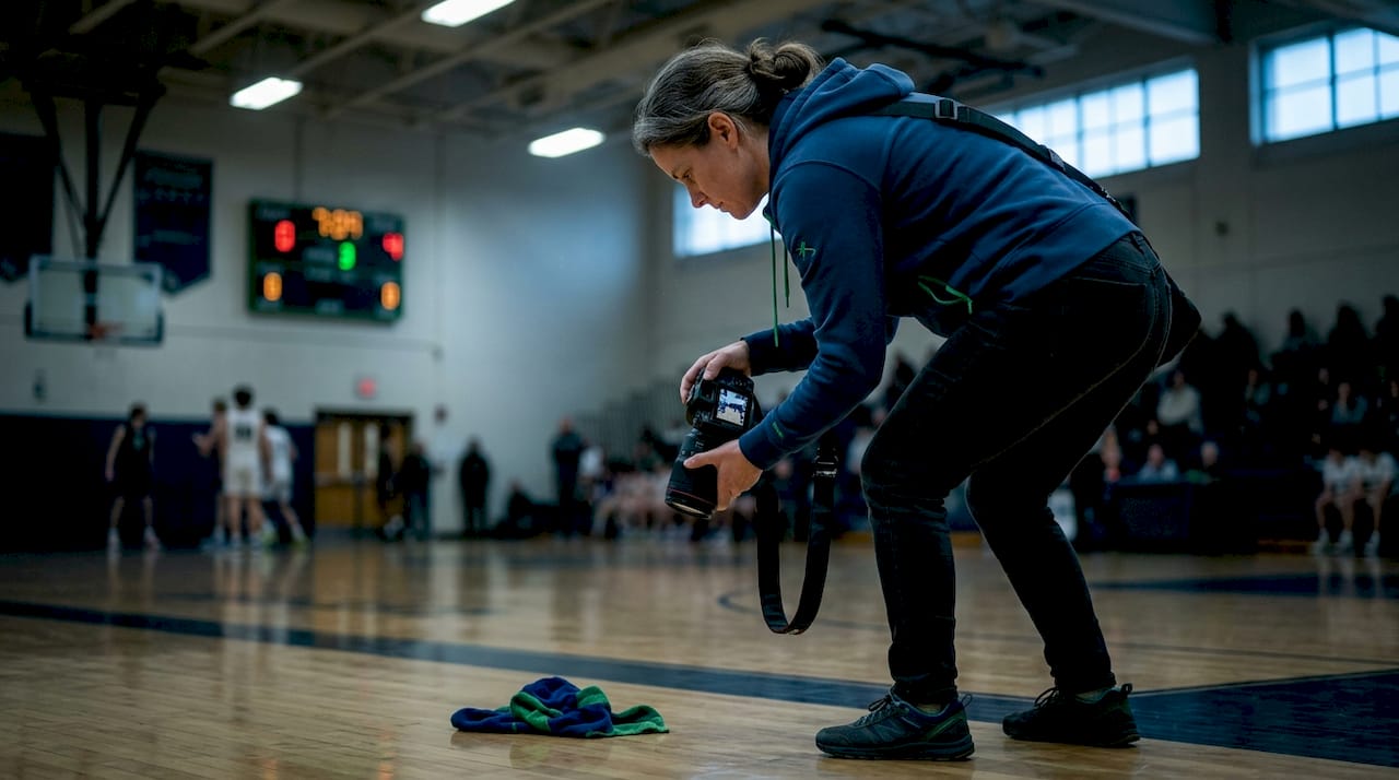 Photographer reviews shots in dim gym setting