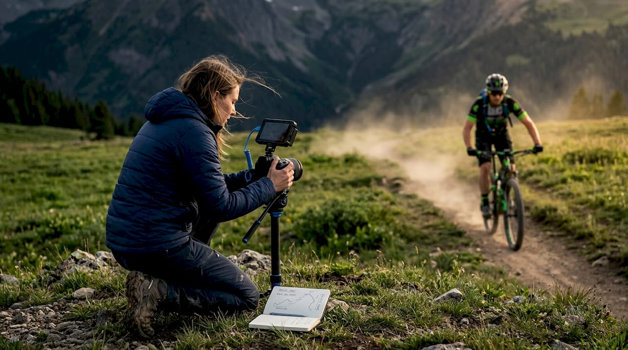 Videographer capturing action in open meadow