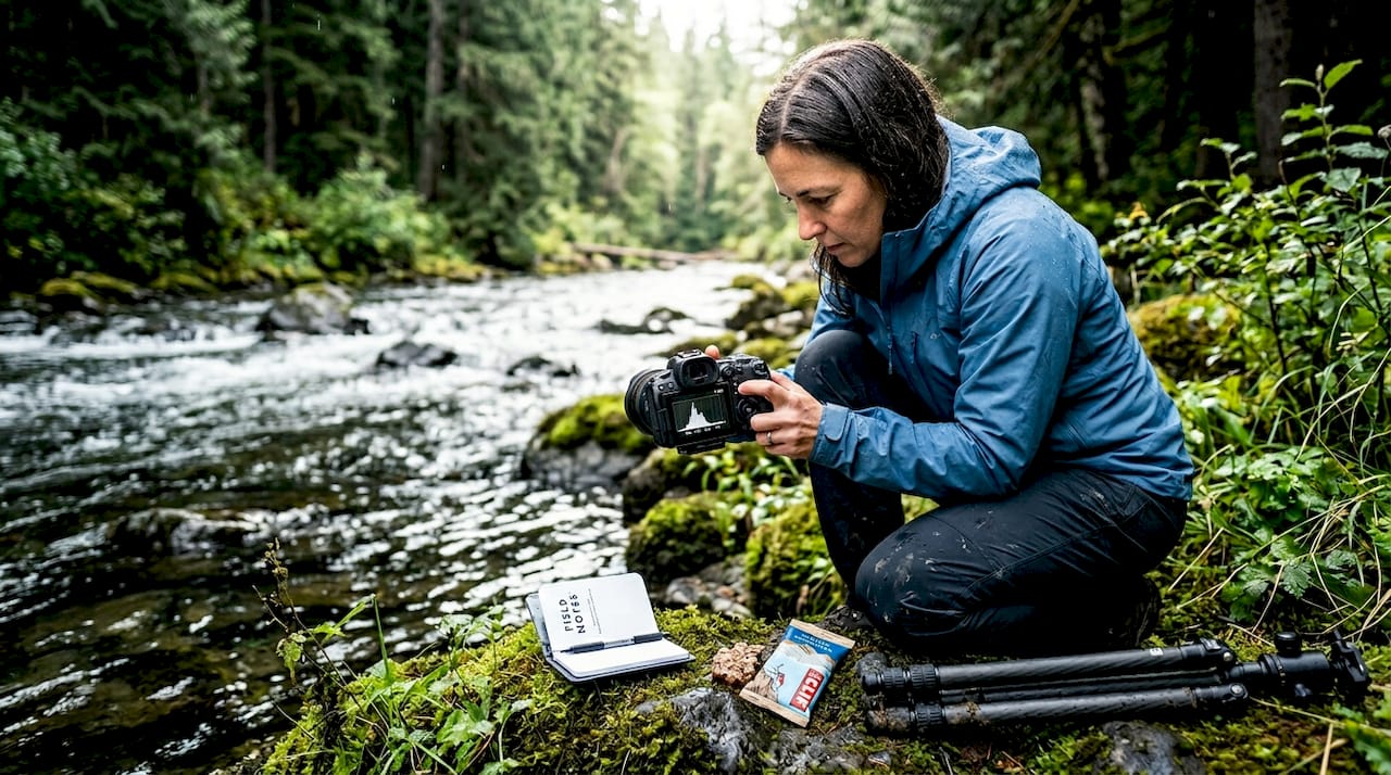 Photographer adjusting camera beside riverbank