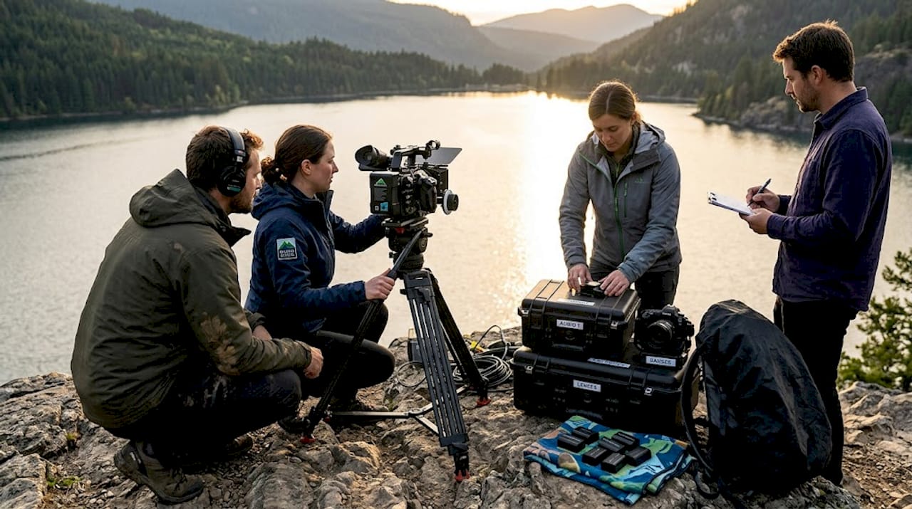 Outdoor film crew arranging gear by forest trail