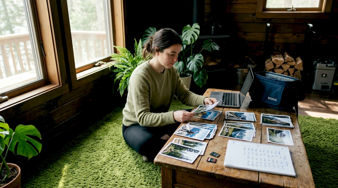 Photographer curating printed images at home