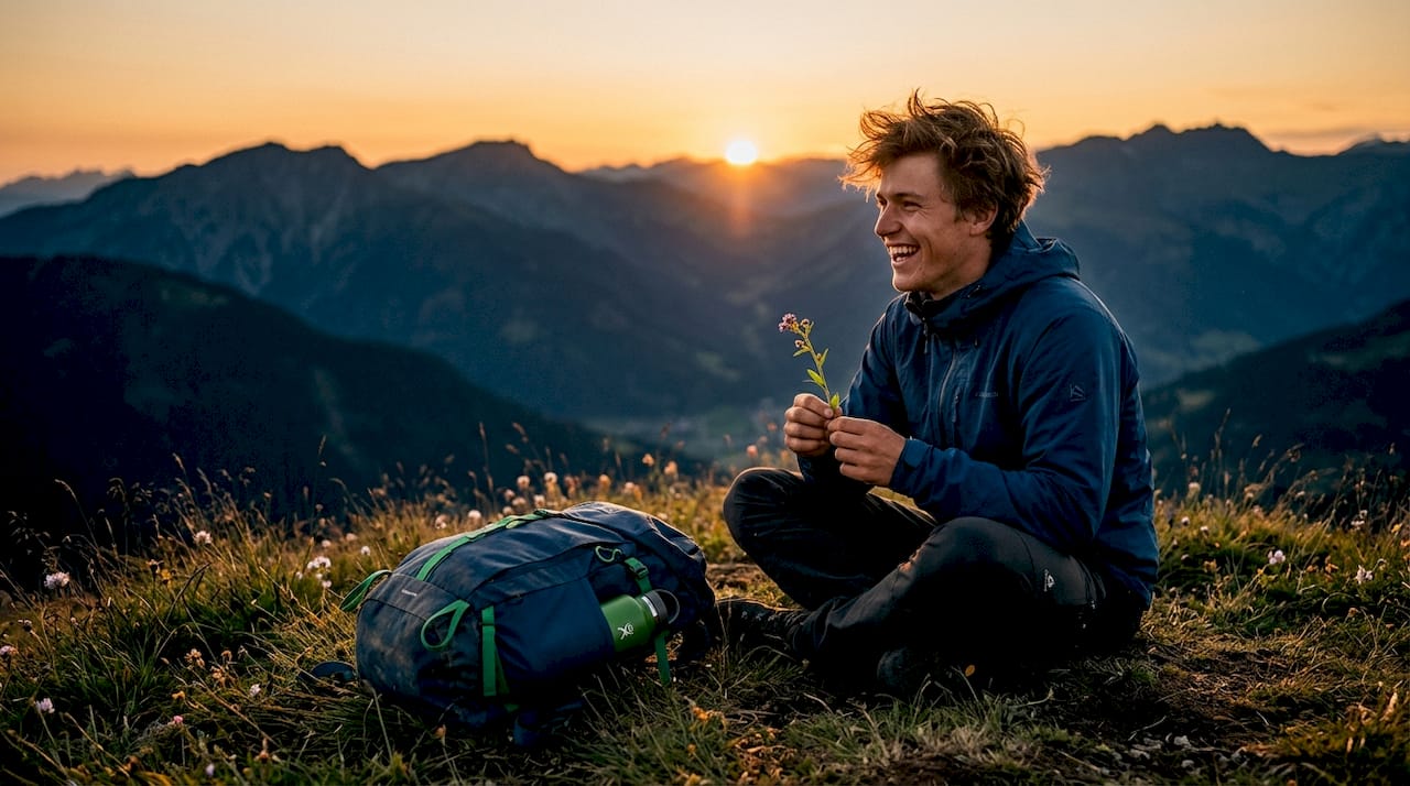 Man relaxing in sunlit field at sunset