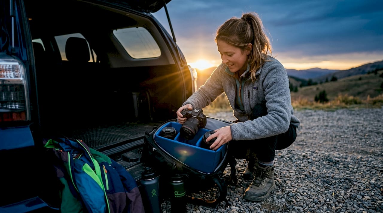 Photographer packing lightweight camera gear for trip