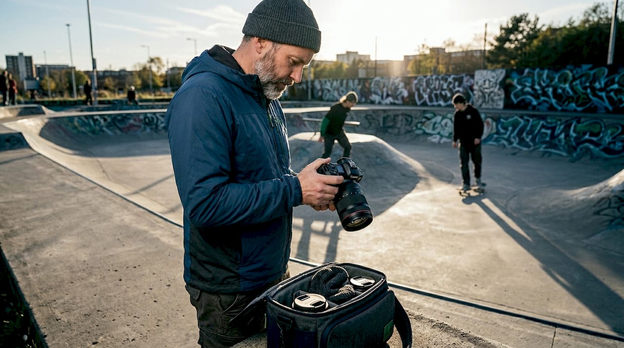 Photographer adjusting camera at tennis match