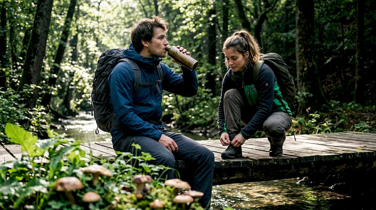 Hikers tying boots riverbank candid authenticity