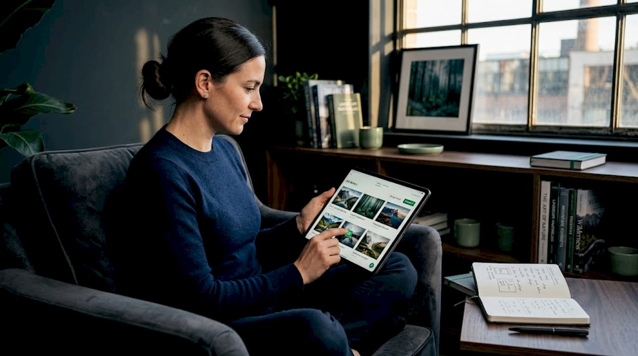 Photographer updating portfolio on tablet in living room