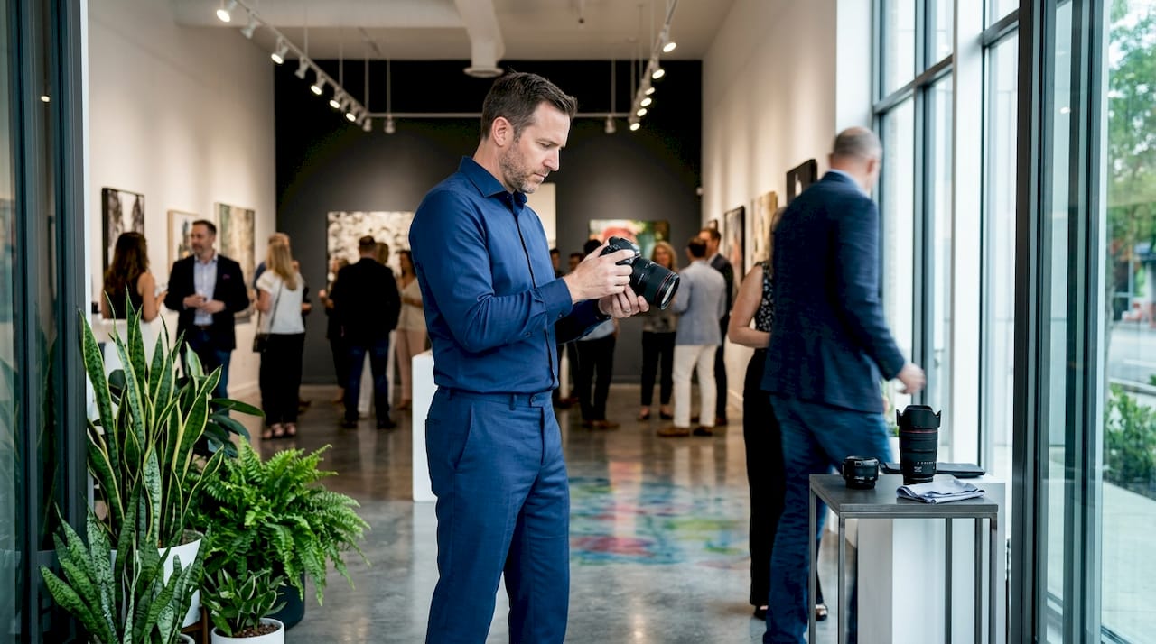 Photographer prepares camera at conference event