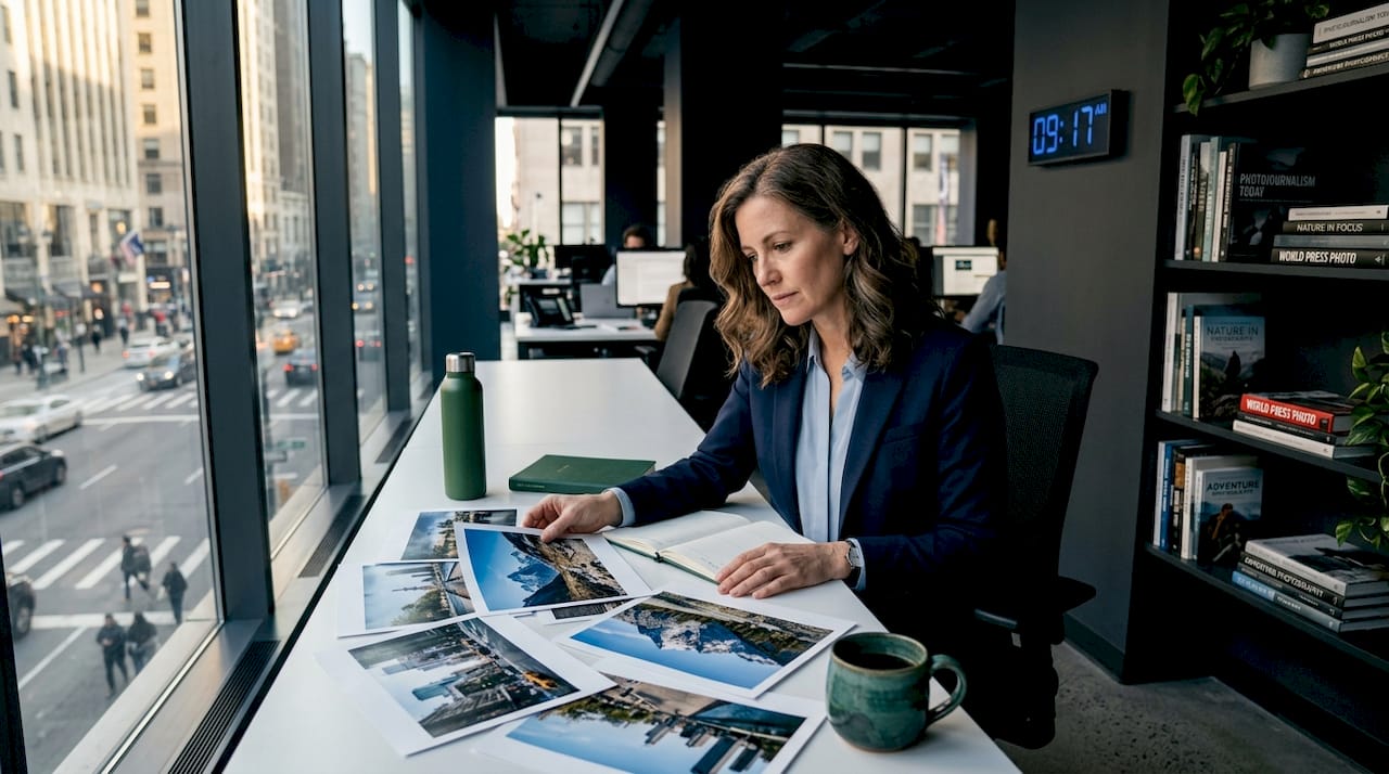 News editor sorting through printed photographs
