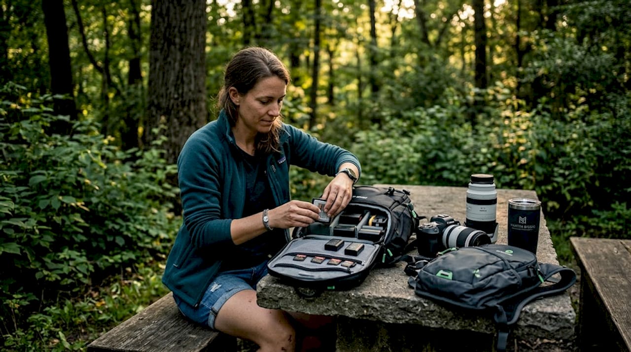 Photographer organizing accessories at bench