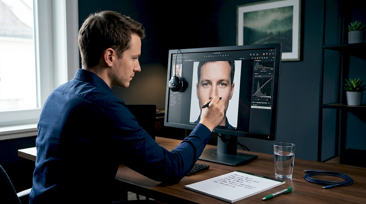 Retoucher enhancing business headshot in studio