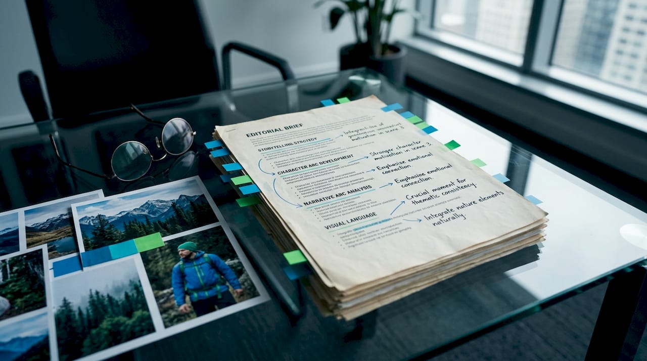 Annotated editorial photography brief on desk