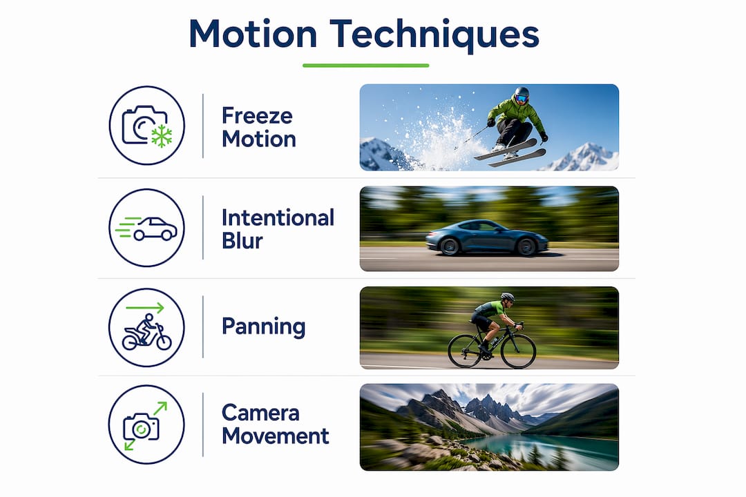 Infographic illustrating key motion photography techniques