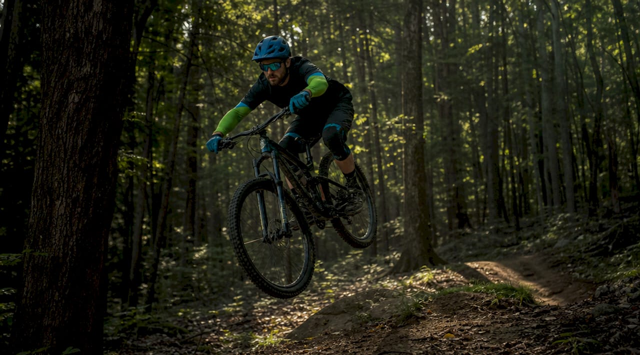Mountain biker mid-air jump in alpine meadow